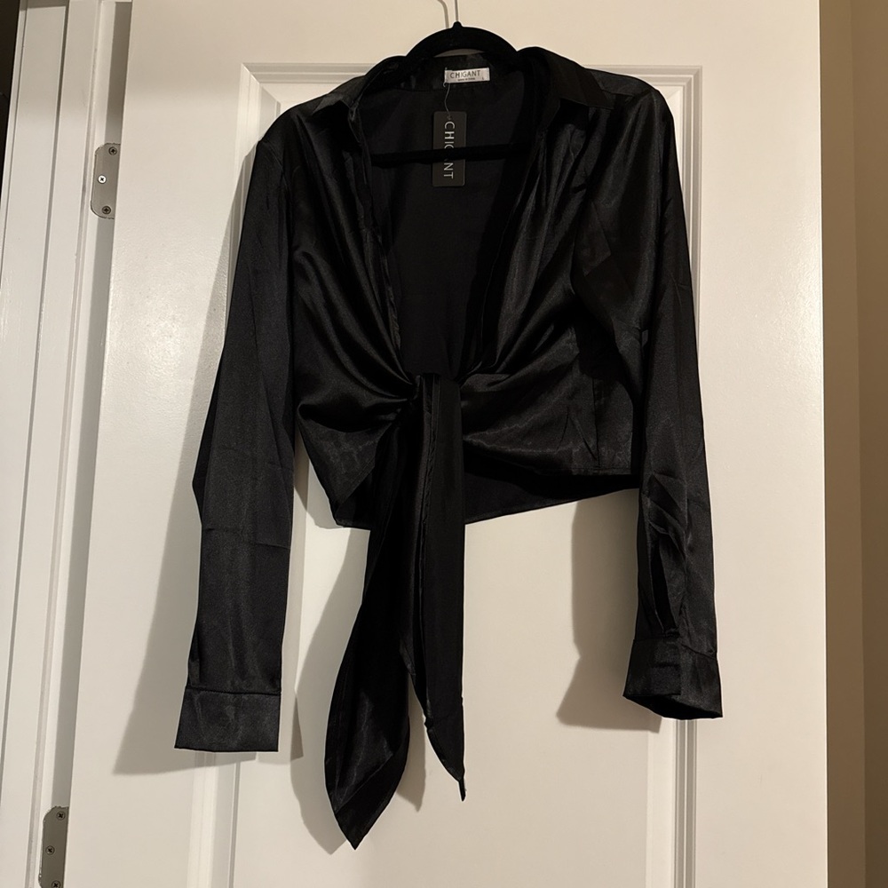 Elegant Black Satin Tie-Front Crop Top